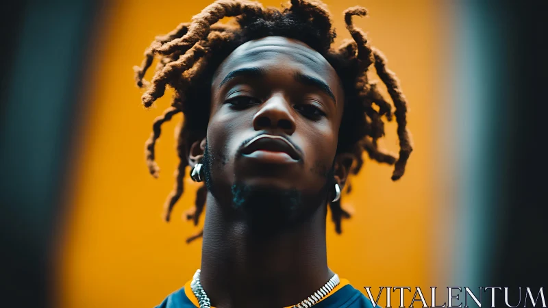 Confident young man stands strong against a bold orange glow