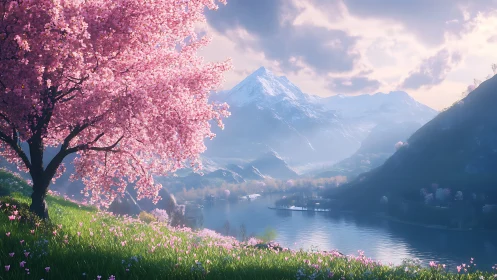 Blossoming cherry tree overlooks tranquil alpine lake at dawn