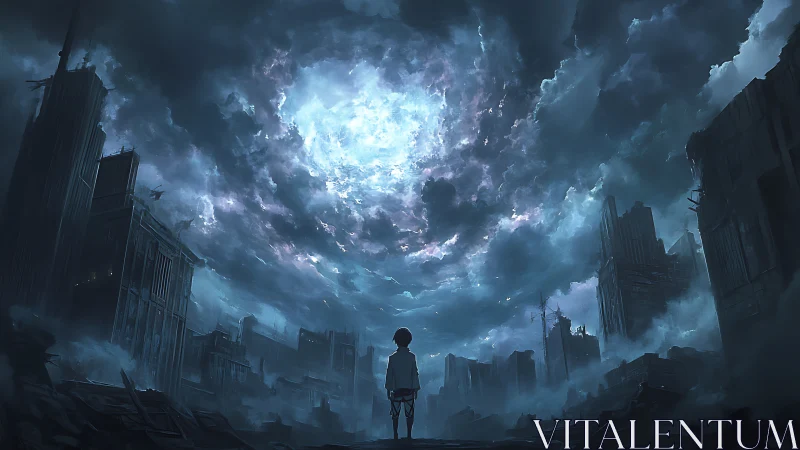 Solitary child under luminous storm over ruined cityscape.