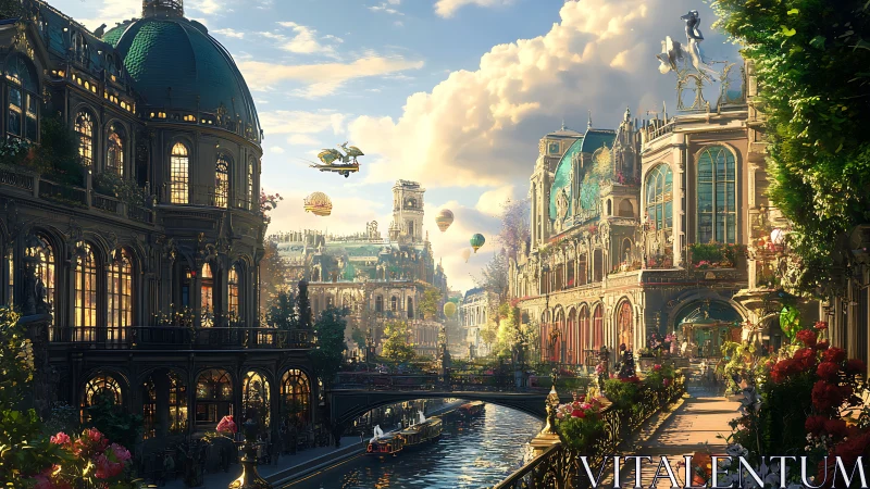 Ornate steampunk canal city with airships under warm volumetric light