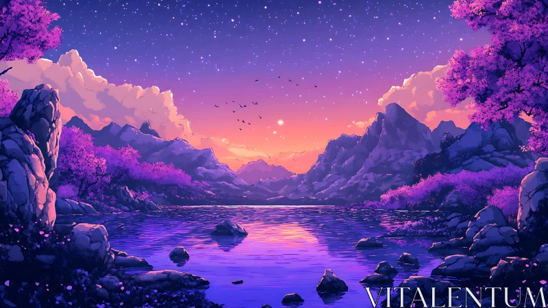 Mountain lake at twilight with starry sky and violet trees.