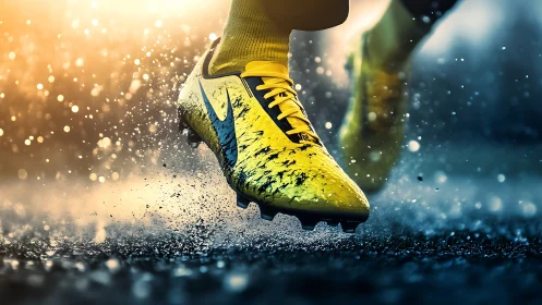 Yellow soccer cleats grip wet turf under stadium lights.