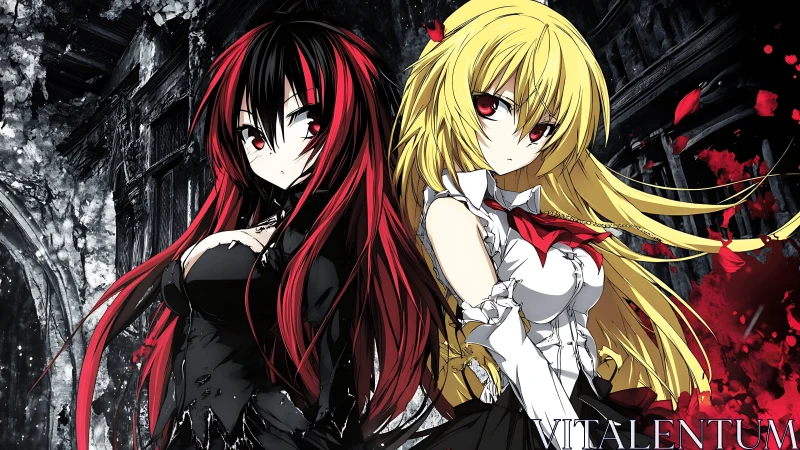 Dual anime heroines before crumbling gothic ruins at night.