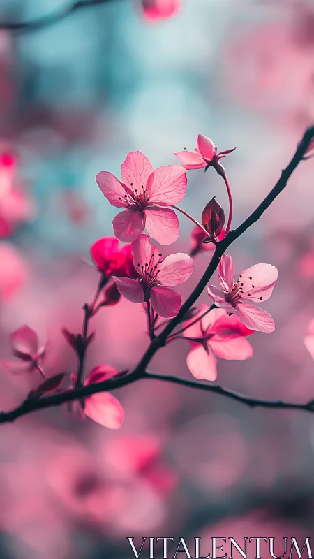 Pink Cherry Blossoms Branch Against Blurred Sky.
