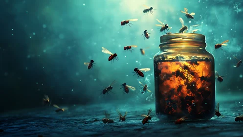 Glow of the jar, a swarm of tiny wings in amber light.