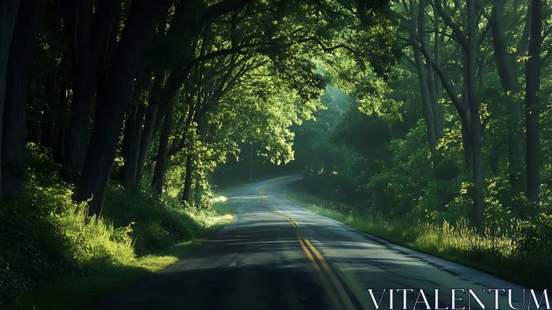 Tree-Canopied Rural Road with Yellow Centerline Markings