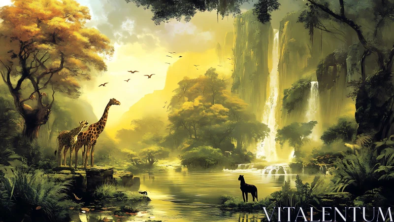 Sunlit giraffes linger where jungle cliffs pour waterfalls