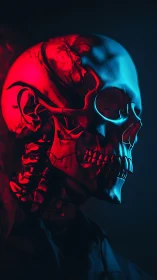 Bi-chromatic cyber skull in dramatic side portrait lighting.