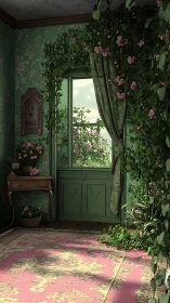 Overgrown floral room shows window framed by climbing vines