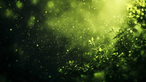 Backlit green foliage with suspended airborne particles.