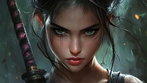 Fierce forest warrior girl with determined emerald eyes.