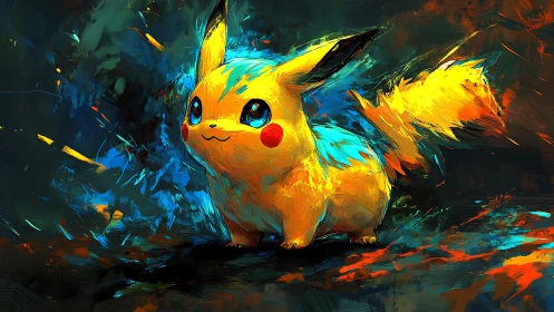 Vibrant electric creature stands amid swirling neon strokes