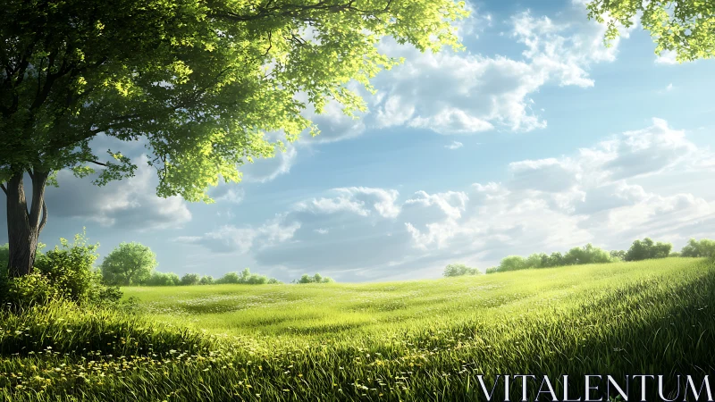 Sunlit meadow rolls gently beneath a bright open sky