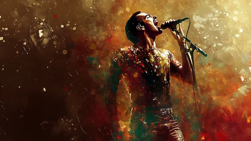 Passionate singer shining in a swirl of glowing color and light.
