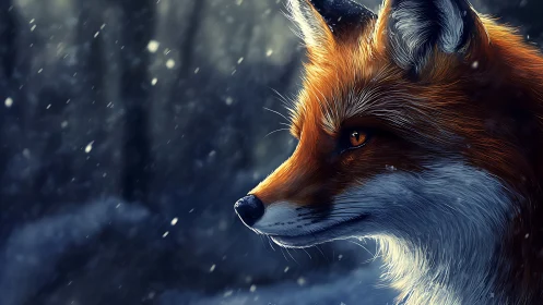 Winter sentinel fox gazes through swirling sapphire snow.