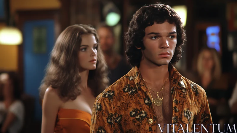 Retro bar interior frames pensive young couple in shallow focus