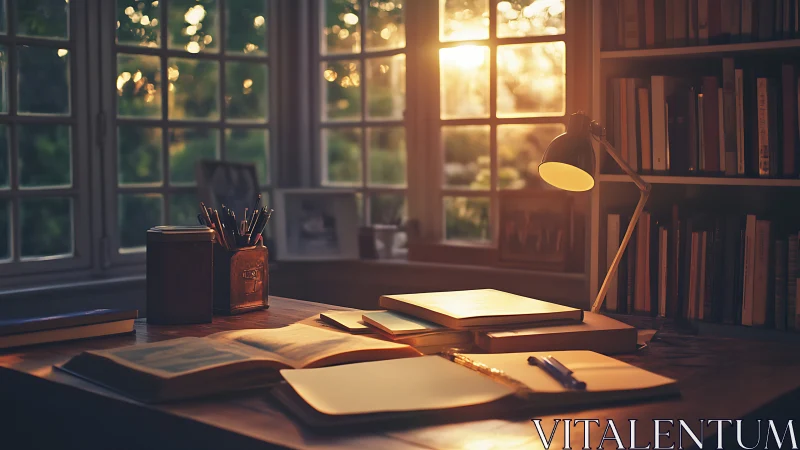 Sunlit writer’s desk soaked in golden-hour quiet.