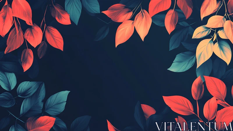 Red and teal leaves framing dark empty background space.