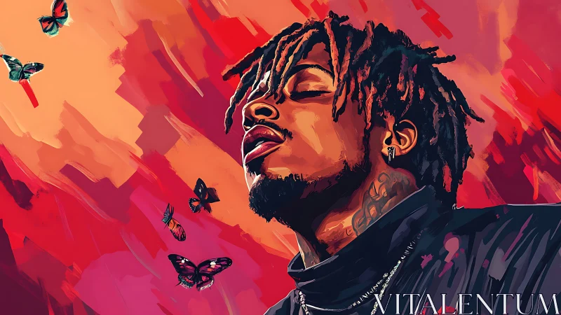 Portrait of man with closed eyes amid butterflies and reds