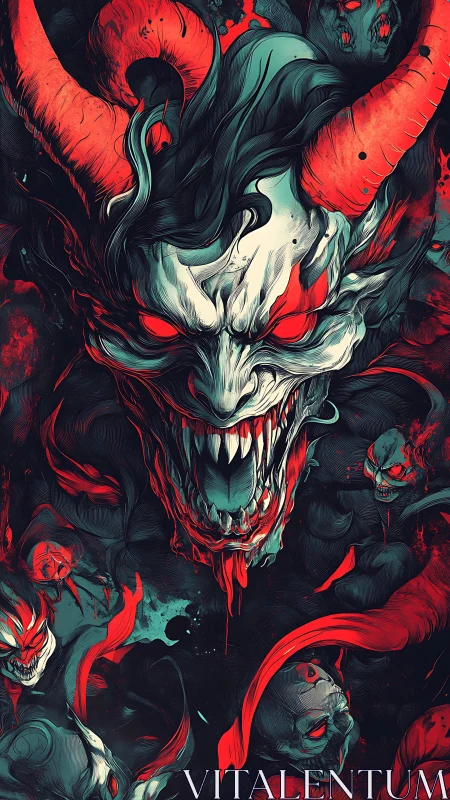 Horned demonic skull illustration with red glowing eyes.