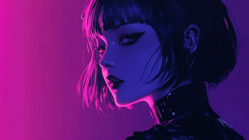 Neon twilight kisses a cyber siren’s poised midnight gaze