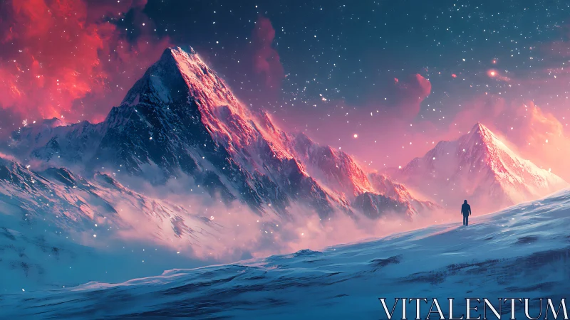 Lone figure observes luminous alien peaks under starfield