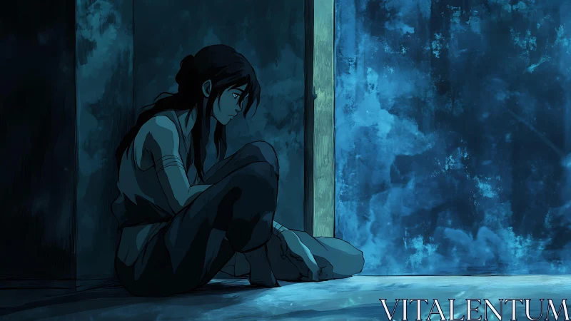 Solitary anime girl in blue-lit corner, pensive mood.