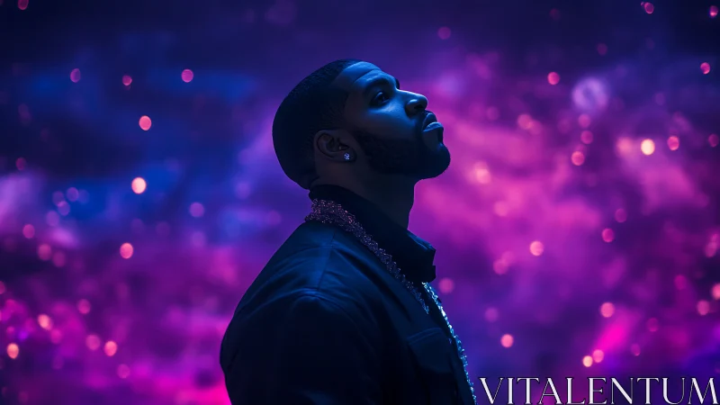 Profile portrait of man against neon purple galaxy backdrop.