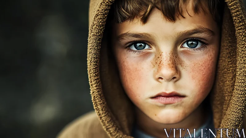 Child in Golden Hood with Piercing Blue Eyes and Freckles.