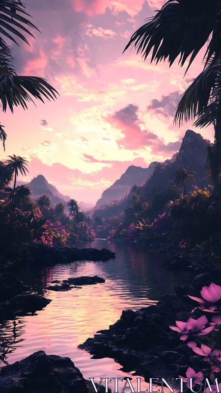 Velvet sunset river winding through neon-tinted tropical wilds.
