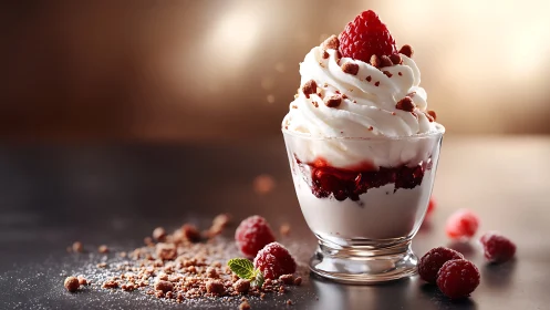 Glass dessert cup with whipped cream, raspberries, and crumbs.