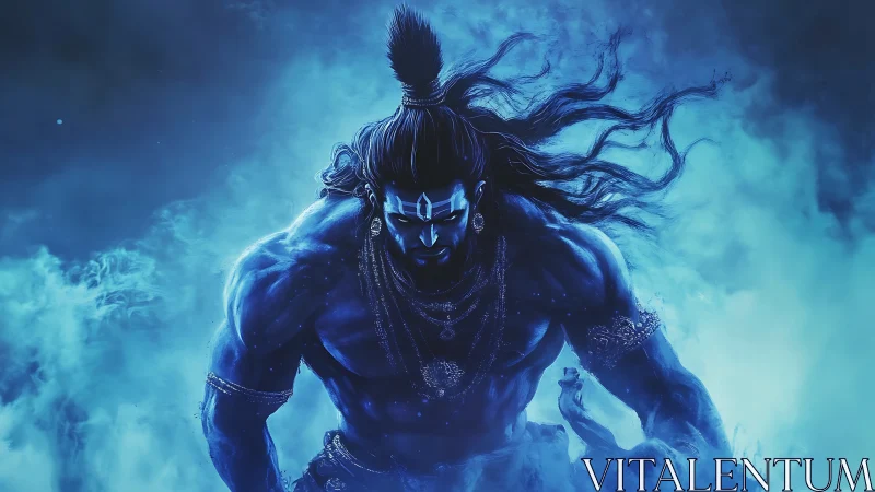 Powerful blue warrior strides through swirling mystical mist