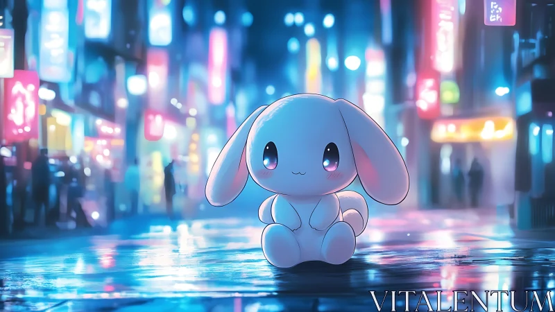 Cute neon bunny mascot sits alone in dreamy city street