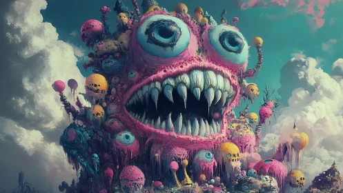 Grotesque multicolored monster tower rises amid dense clouds