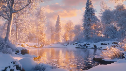 Winter river landscape shows snow-covered trees at sunset