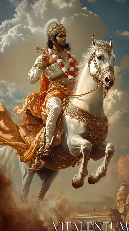 Regal warrior riding a white horse above ornate cityscape.