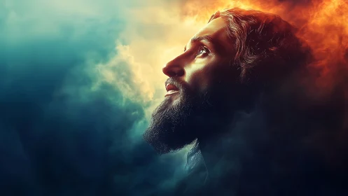 Luminous bearded profile framed by bifurcated chromatic clouds.