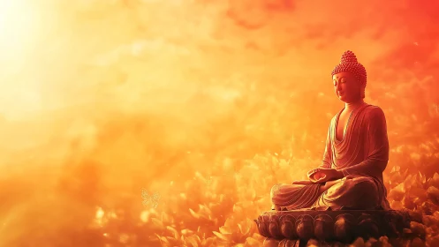Serene Buddha drifts through a sunrise of molten quiet