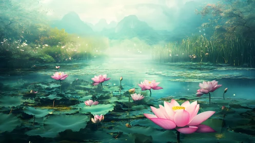 Lotus blossoms drift gently across a misty emerald pond