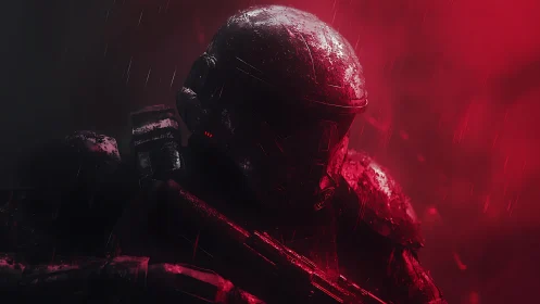 Cinematic sci-fi trooper in red backlight and storm atmosphere.