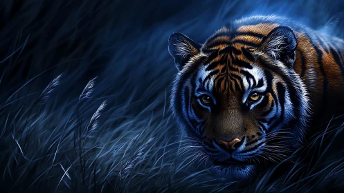 Nocturnal tiger emerging through moonlit shadowed grass.