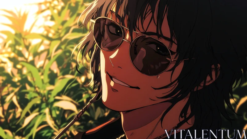 Sunlit anime rebel in sunglasses and lush foliage glow.