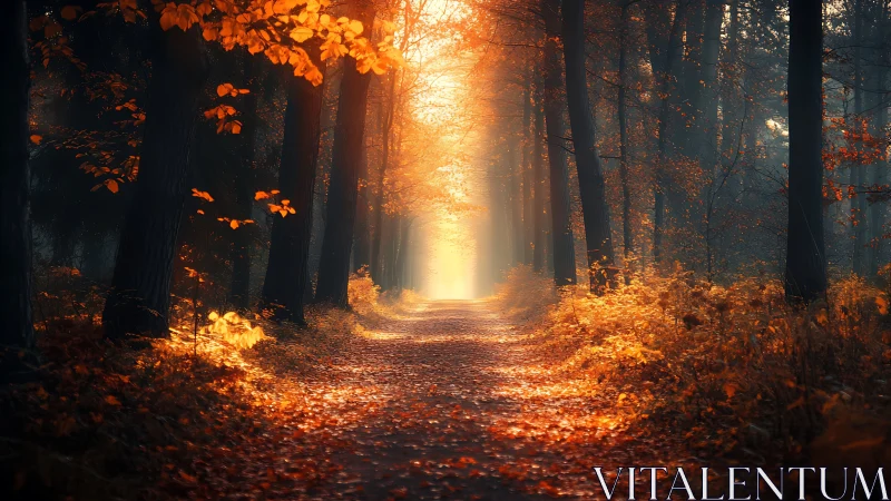 Forest path illuminated by warm golden sunlight through autumn trees