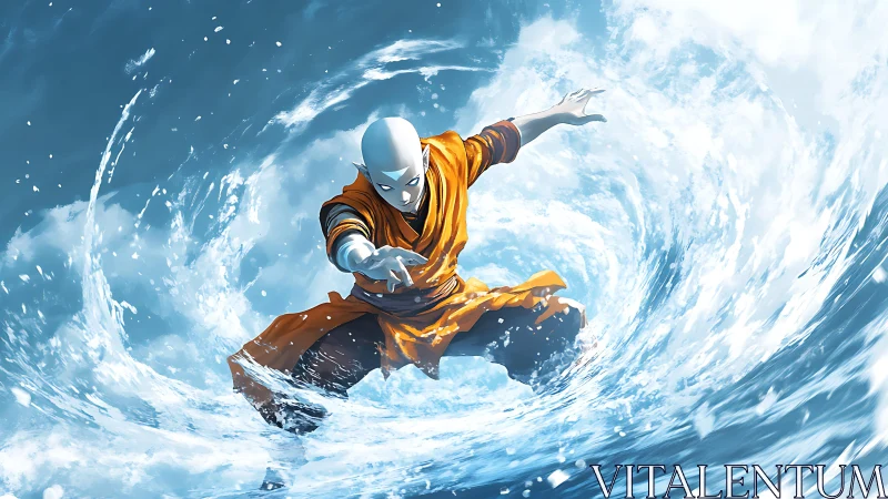 Bold monk rides a swirling water vortex with calm power