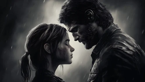 Two figures intimate moment rain silhouette emotional connection.