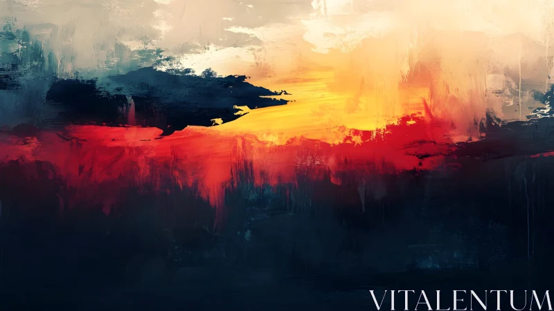 Abstract fiery sunset landscape with bold brush strokes and rich colors.