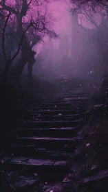 Enchanted stone stairway ascending through violet mist.