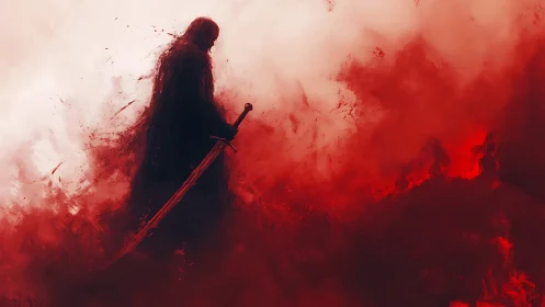 Lone warrior rests in swirling red mist with silent sword.