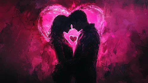 Two silhouettes kissing beneath glowing neon heart