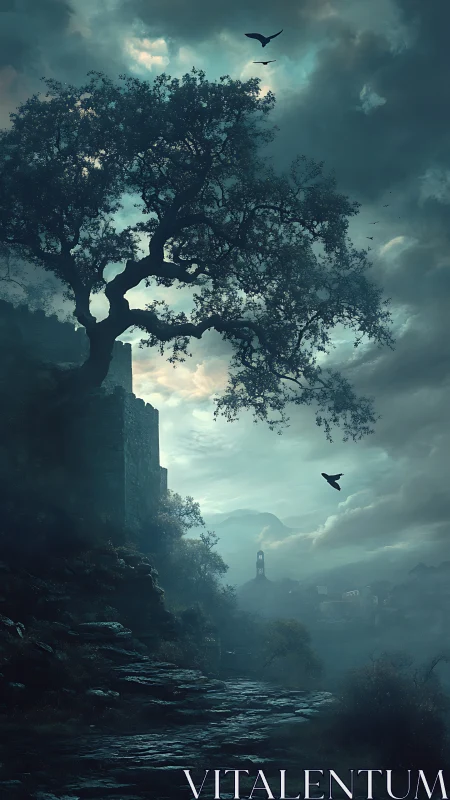Moody castle overlook with lone tree in atmospheric dusk digital painting.